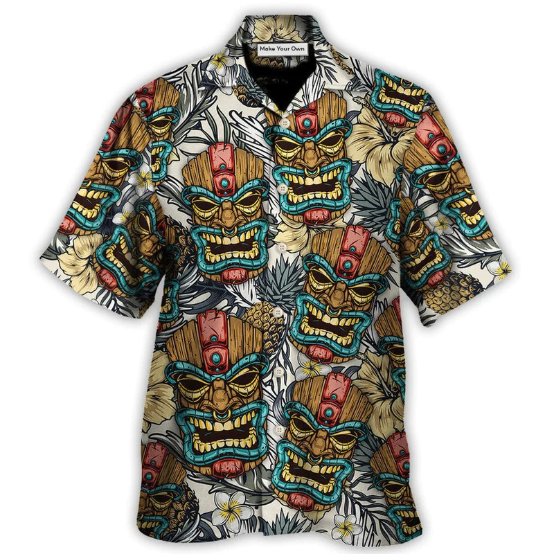 Tropical Tiki Tribal Mask Leaf Hawaiian Shirt For Resort Getaways And Comfortable Summer Activities