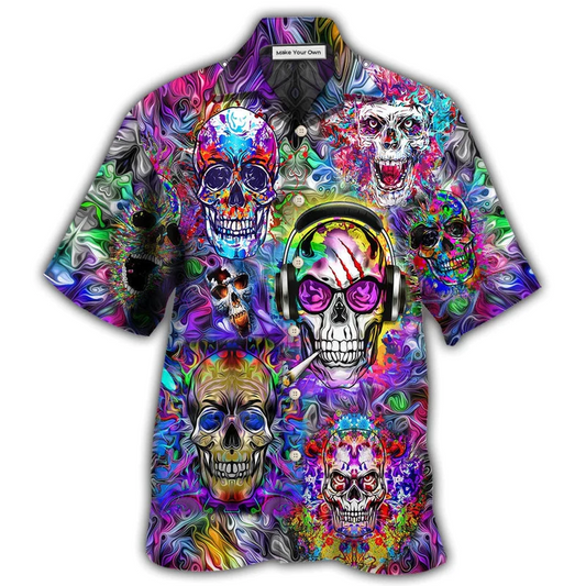 Bohemian Colorful Floral Skull Hawaiian Shirt Design View For Casual Summer Styling