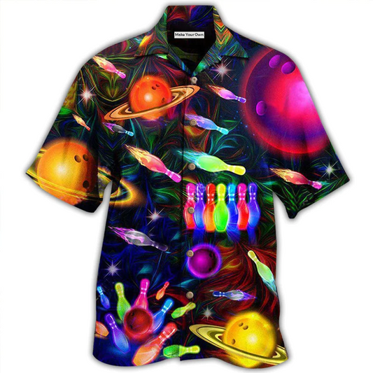 Neon Bowling Space Strike Universe Hawaiian Shirt Design View For Resort Travel And Thoughtful Gifting