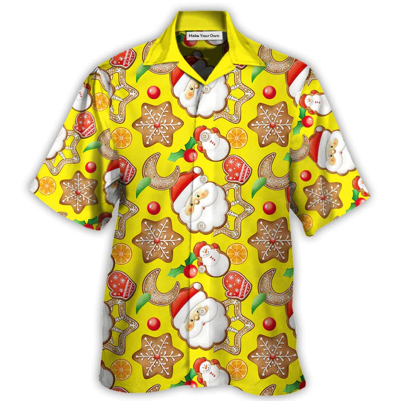 Christmas Santa Snowman Gingerbread Hawaiian Shirt Collar And Front View For Beach Days