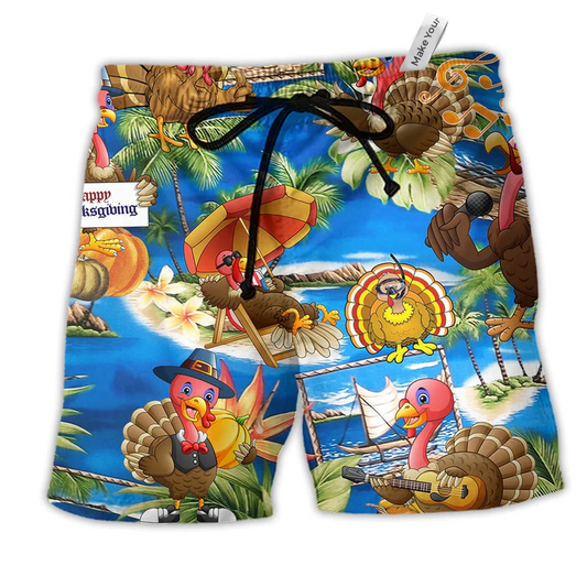 Turkey So Happy Thanksgiving Hawaiian Print Beach Shorts For Festive Vacation Wear
