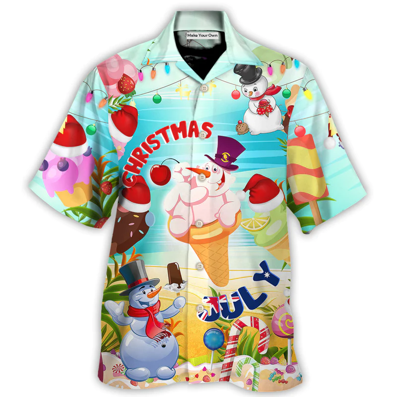 Summer Christmas July Snowman Ice Cream Hawaiian Shirt Graphic Artwork Detail For Vacation Style