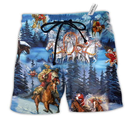 Horse And Santa Love Christmas Cold Weather Beach Shorts For Christmas Getaways