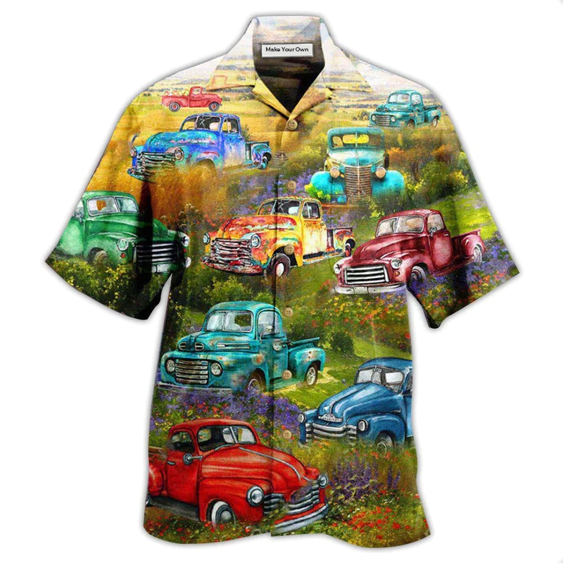 Floral Car Pickup Trucks Roll Field Hawaiian Shirt For Summer Events And Casual Outdoor Wear