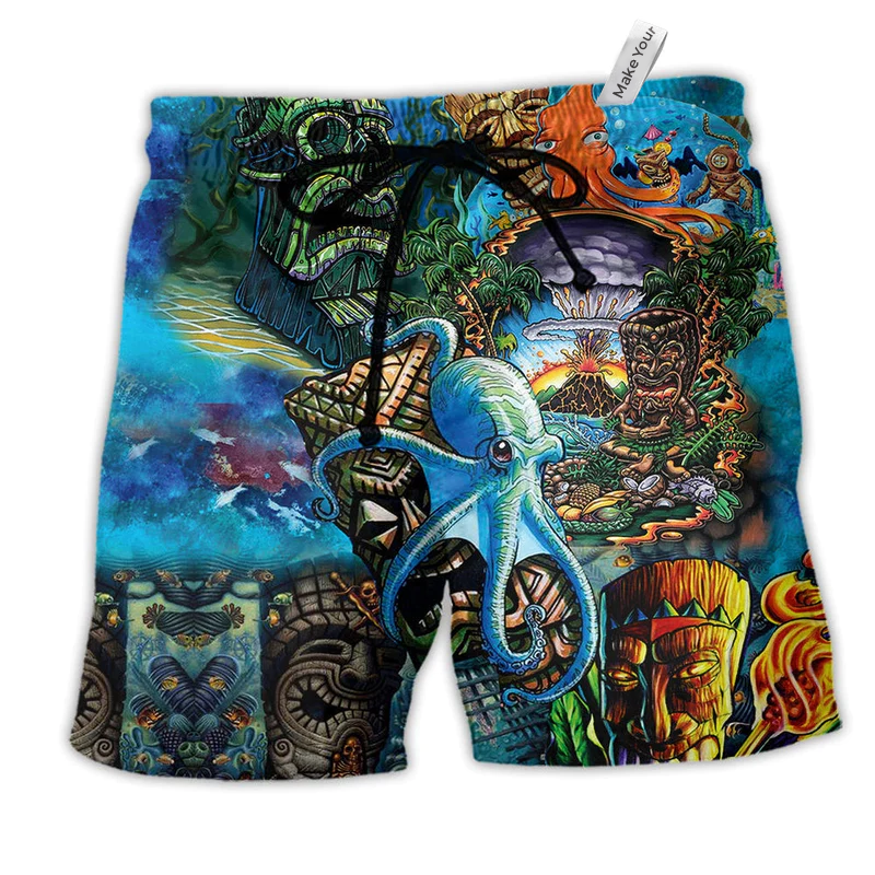 Tiki And Ocean Colorful Hawaiian Print Beach Shorts For Seaside Summer Adventures