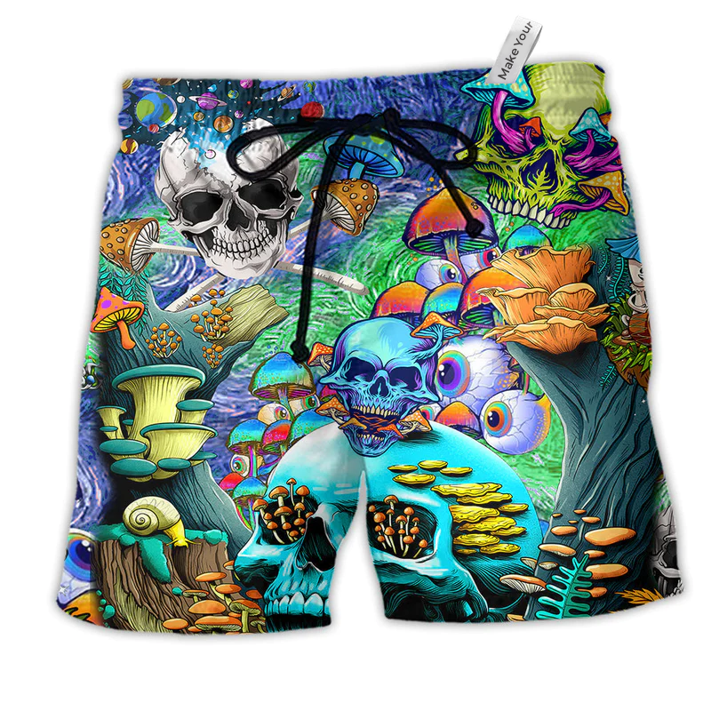 Hippie Mushroom Colorful Skull Beach Shorts For Tropical Holidays And Comfortable Daily Use