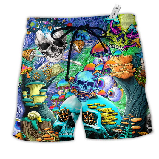 Hippie Mushroom Colorful Skull Beach Shorts For Tropical Holidays And Comfortable Daily Use