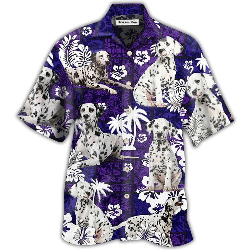 Tropical Purple Dog Dalmatian Hawaiian Shirt Design View For Resort Travel And Thoughtful Gifting