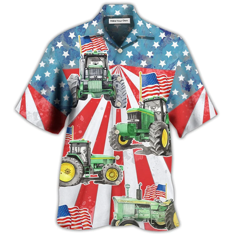 Watercolor Tractor Independence Day US Flag Hawaiian Shirt Design Detail For Sunny Adventures And Casual Wear