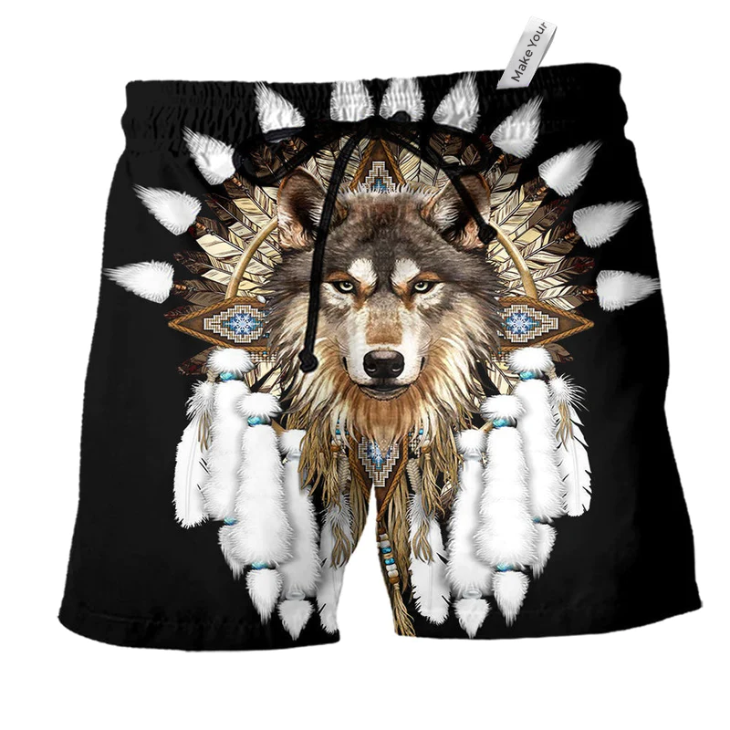 Black Colorful Heritage Wolf Beach Shorts For Warm Weather Outings And Leisure And Relaxation
