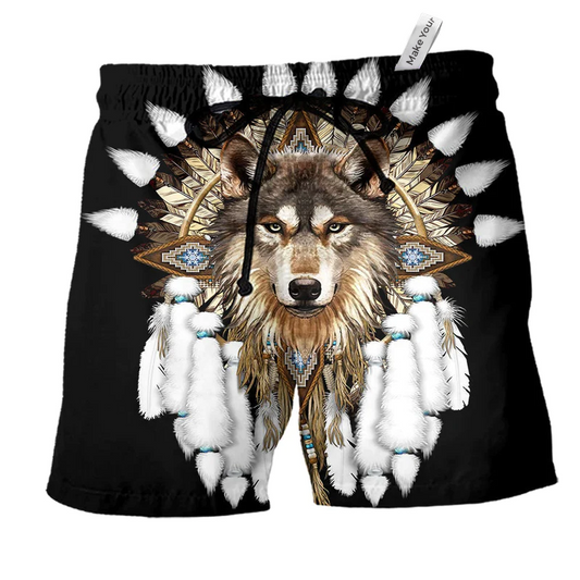 Black Colorful Heritage Wolf Beach Shorts For Warm Weather Outings And Leisure And Relaxation