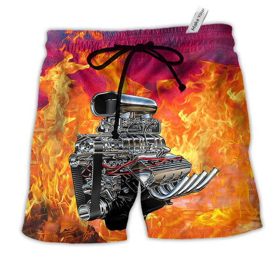 Hot Rod In Fire Hawaiian Print Beach Shorts For Outdoor Adventures And Comfort