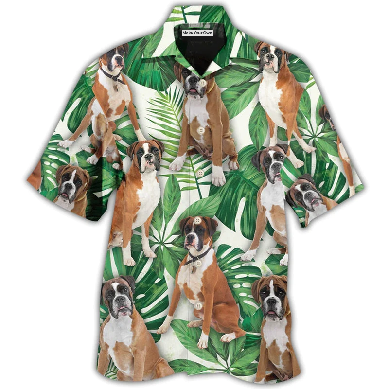 Tropical Dog Boxer Leaf Hawaiian Shirt Artwork Detail For Tropical Trips And Casual Outings