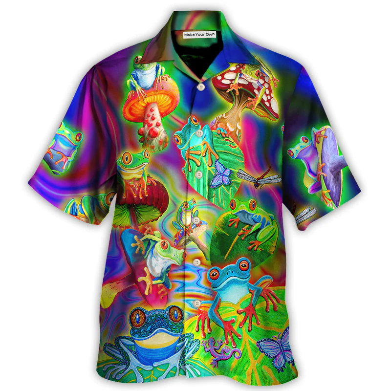 Colorful Tropical Frog Fun Hawaiian Shirt Front Pattern View For Summer Travel