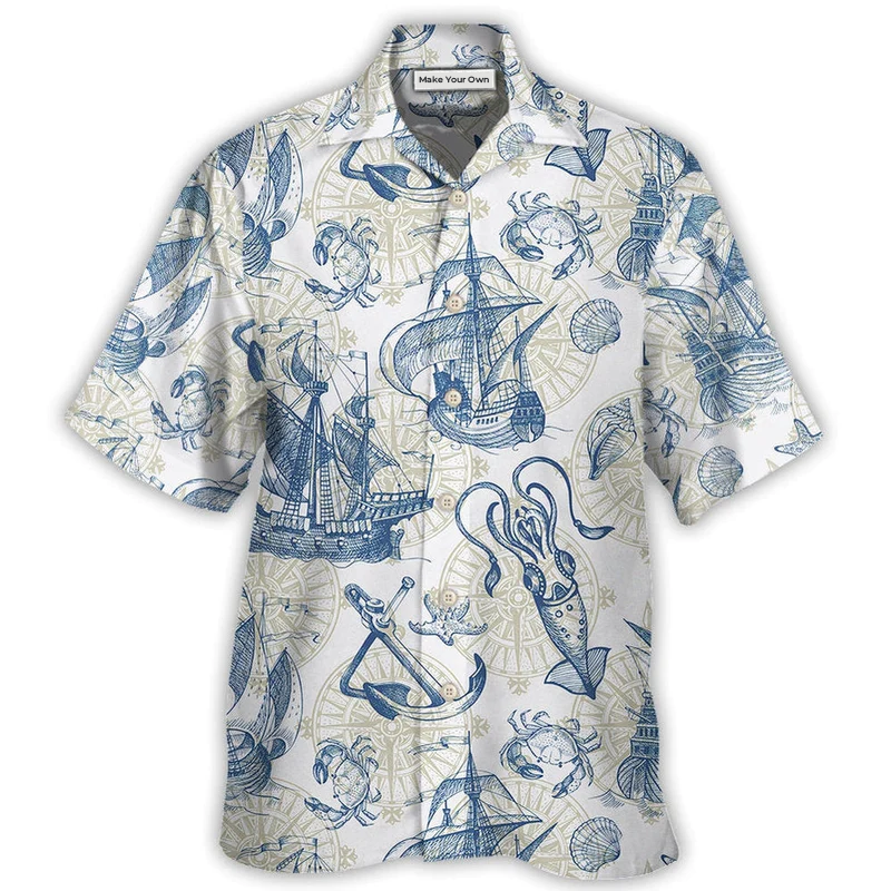 Vintage Ocean Sailboat Sea Monster Geographical Maps Hawaiian Shirt Artwork Detail For Tropical Trips And Casual Outings