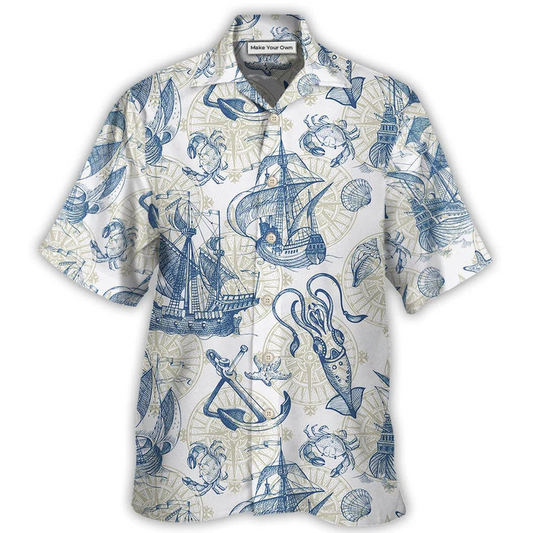 Vintage Ocean Sailboat Sea Monster Geographical Maps Hawaiian Shirt Artwork Detail For Tropical Trips And Casual Outings
