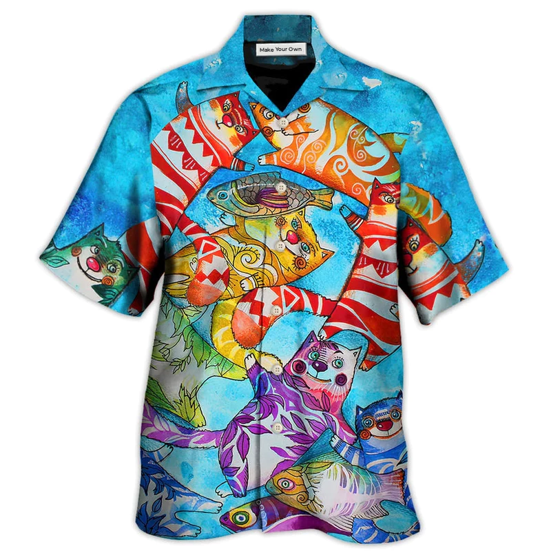 Funny Cat Fish Together Hawaiian Shirt Design View For Resort Travel And Thoughtful Gifting
