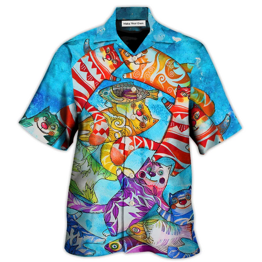 Funny Cat Fish Together Hawaiian Shirt Design View For Resort Travel And Thoughtful Gifting