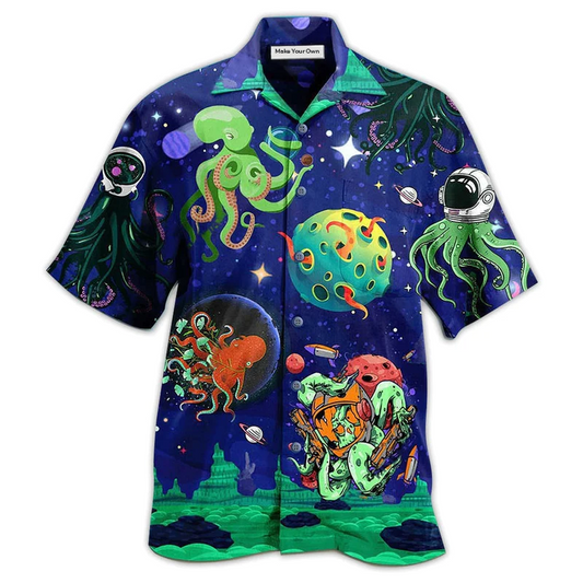Octopus Astronaut Hawaiian Shirt Pattern Detail For Vacation Travel And Daily Wear