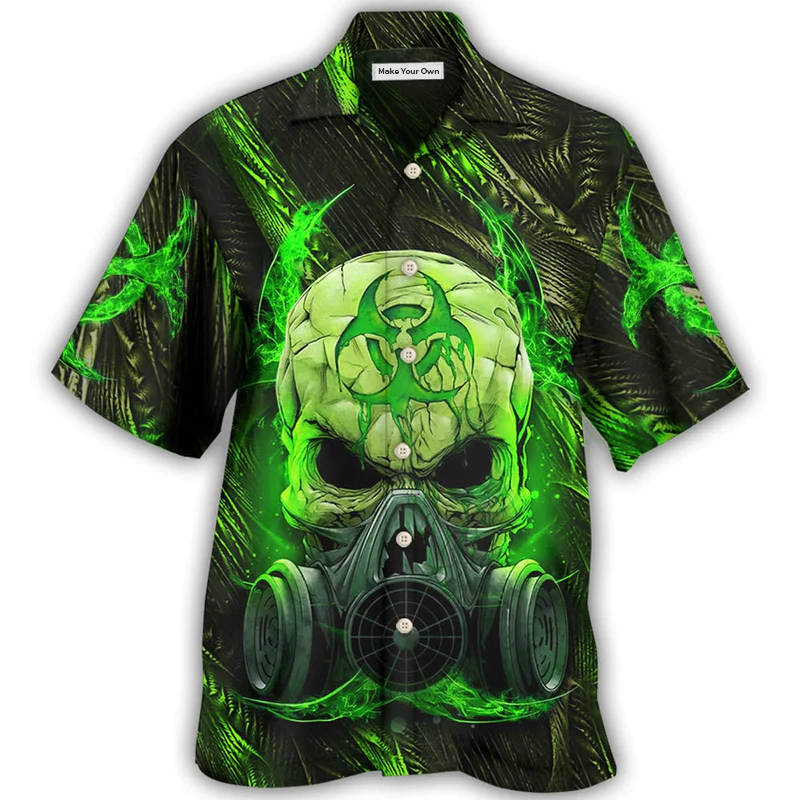 Green Skull Mask Lighting Hawaiian Shirt Pattern Detail For Vacation Travel And Daily Wear