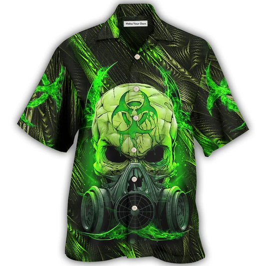 Green Skull Mask Lighting Hawaiian Shirt Pattern Detail For Vacation Travel And Daily Wear