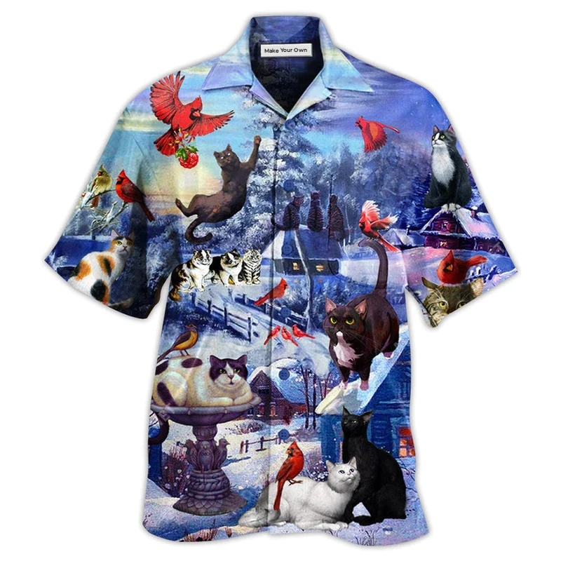 Cat Watching Cardinal Bird Hawaiian Shirt For Summer Vacation And Beach Travel