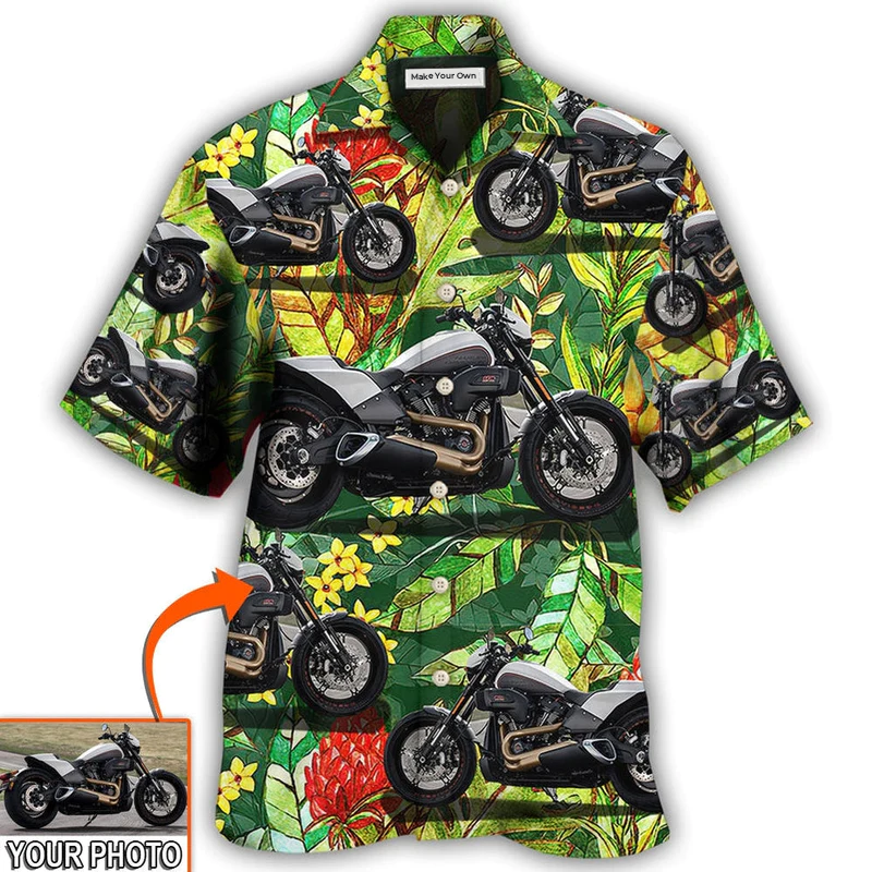 Tropical Floral Motorcycle Custom Photo Hawaiian Shirt Design View For Resort Travel And Thoughtful Gifting