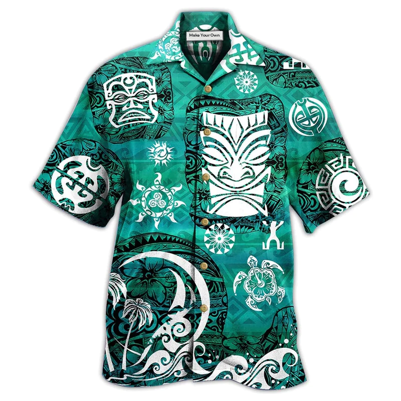 Turtle Tiki Geen Hawaiian Shirt For Vacation Days And Relaxed Coastal Outings