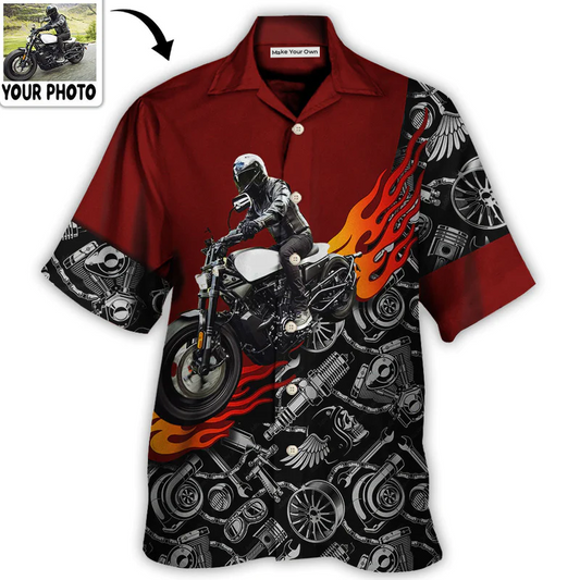 Motorcycle Biker Flame Personalized Photo Hawaiian Shirt Summer Design Detail For Casual Outings
