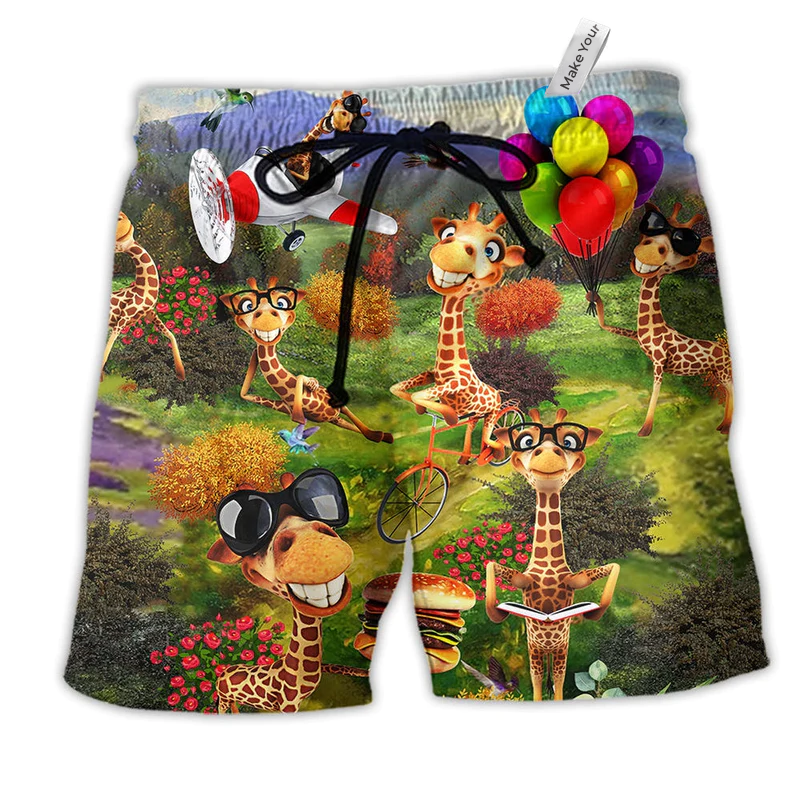 Giraffe Smile Happy Funny Hawaiian Print Beach Shorts For Outdoor Activities And Vacation Styling