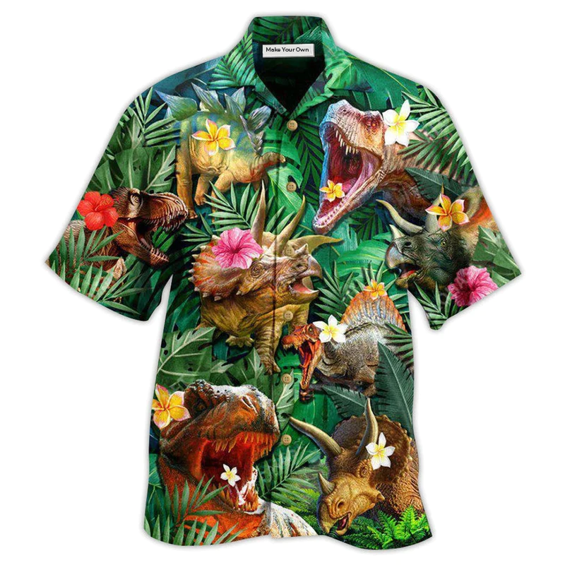 Tropical Floral Dinosaur Aloha Hawaiian Shirt For Summer Events And Casual Outdoor Wear