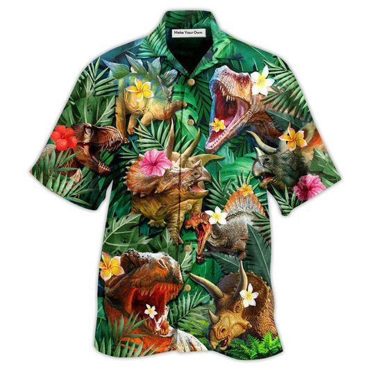 Tropical Floral Dinosaur Aloha Hawaiian Shirt For Summer Events And Casual Outdoor Wear