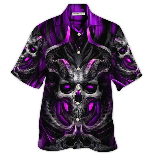 Dark Purple Skull Fire Lighting Hawaiian Shirt Pattern Detail For Summer Holidays And Outdoor Fun