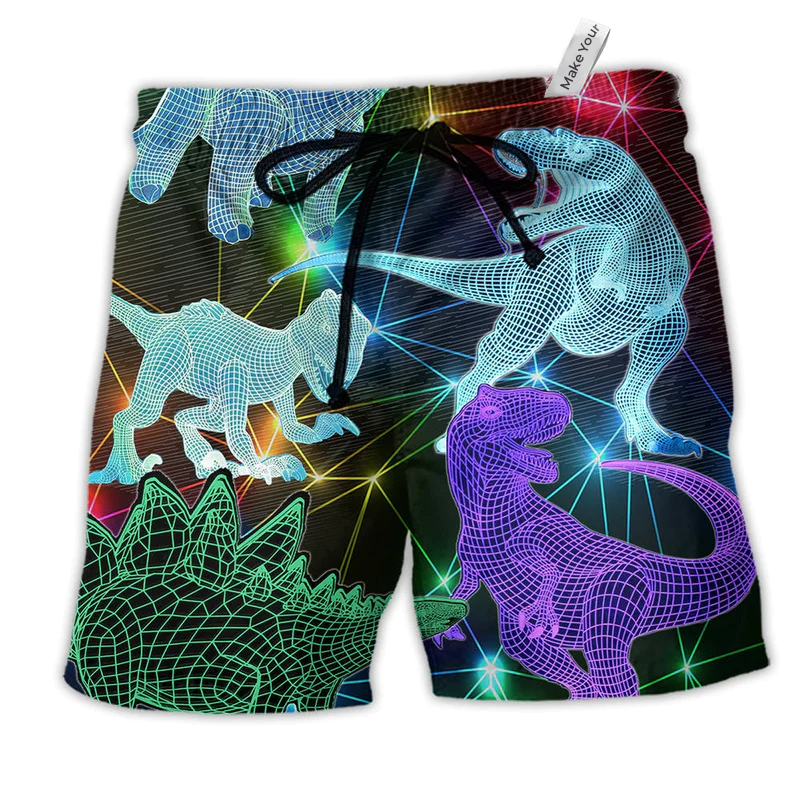 Dinosaurs Fullcolor Neon Colorful Hawaiian Print Beach Shorts For Beach Getaways And Comfortable Summer Wear