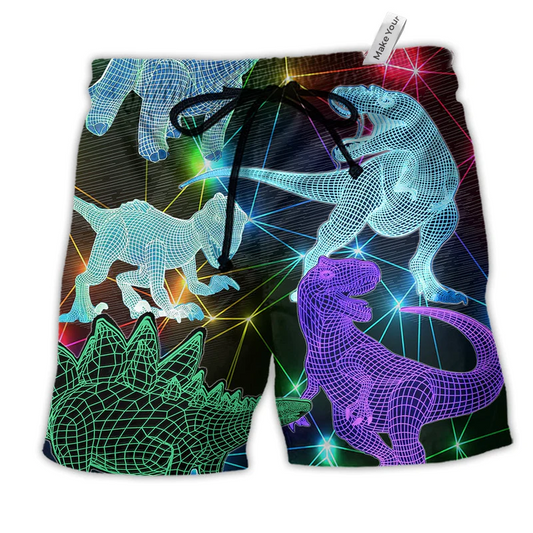 Dinosaurs Fullcolor Neon Colorful Hawaiian Print Beach Shorts For Beach Getaways And Comfortable Summer Wear
