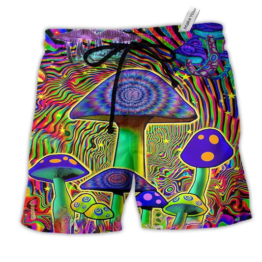 Hippie Mushroom Magic Style Hawaiian Print Beach Shorts For Outdoor Activities And Vacation Styling