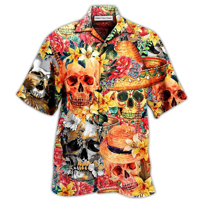 Floral Skull Beautiful Hawaiian Shirt Pattern Detail For Vacation Travel And Daily Wear