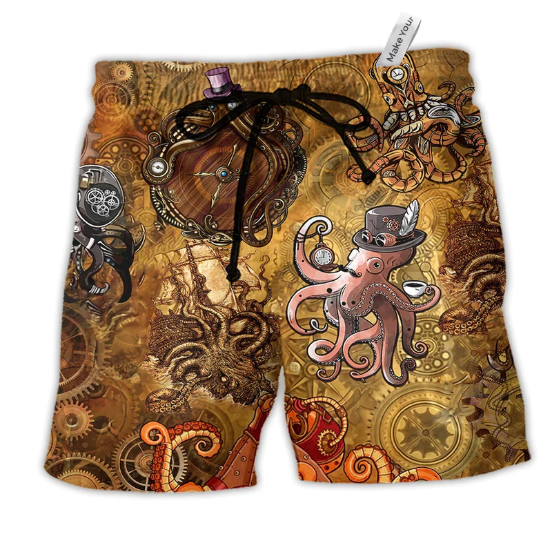 Octopus Steampunk Vintage Style Hawaiian Print Beach Shorts For Beach Days And Coastal Travel