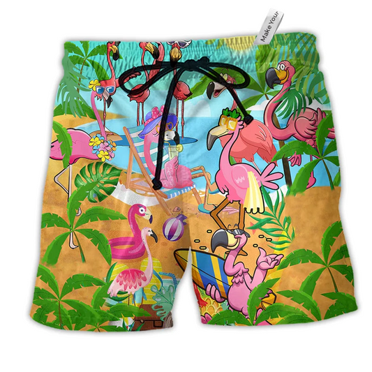 Flamingo Let's Get Flocked Up Hawaiian Print Beach Shorts For Ocean Lover Vacation Wear