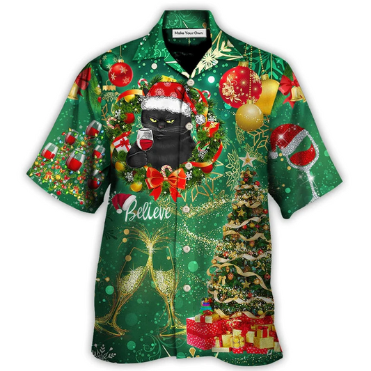 Black Happy Green Cat Christmas Drinking Tree Hawaiian Shirt For Poolside Relaxation And Sunny Getaways