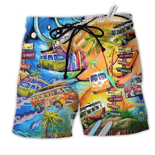 Hippie Peace Colorful Bus Beach Shorts For Poolside Relaxation And Comfortable Daily Use
