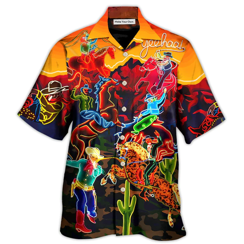 Neon Horse Cowboy Riding Desert Hawaiian Shirt Pattern Detail For Vacation Travel And Daily Wear