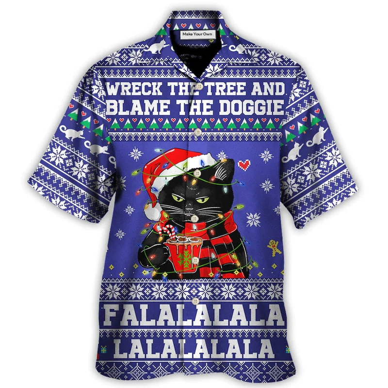 Black Cat Wreck Tree Christmas Hawaiian Shirt For Coastal Adventures And Warm Weather Wear