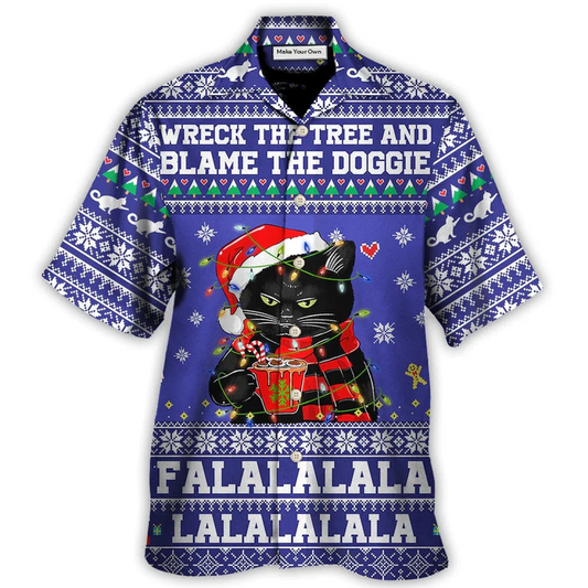 Black Cat Wreck Tree Christmas Hawaiian Shirt For Coastal Adventures And Warm Weather Wear