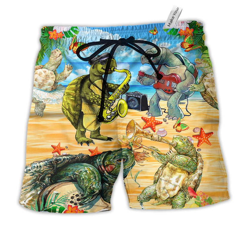 Turtle Loves Music Everyday Nice Tiny Hawaiian Beach Shorts For Resort Trips And Poolside Style