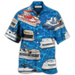 Blue Boat Pontoon Water Hawaiian Shirt Design Detail For Sunny Adventures And Casual Wear
