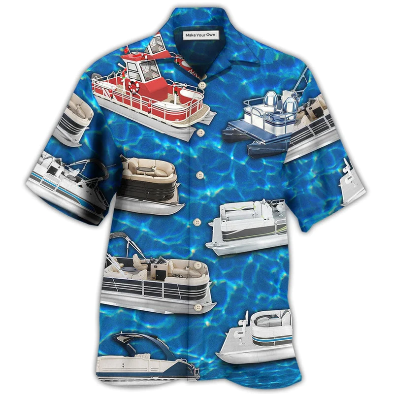 Blue Boat Pontoon Water Hawaiian Shirt Design Detail For Sunny Adventures And Casual Wear