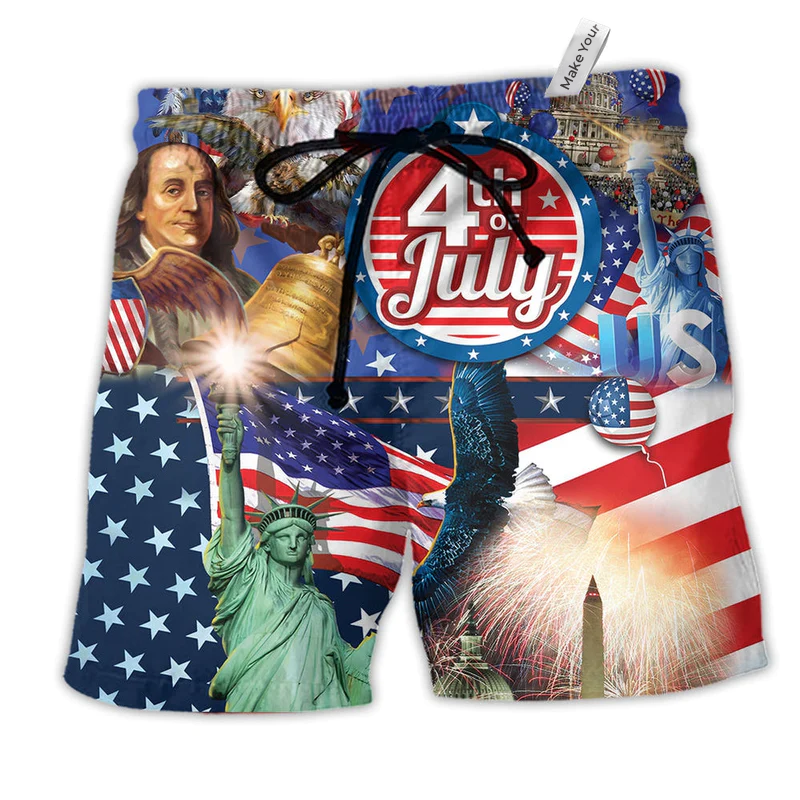America Love July Style Hawaiian Print Beach Shorts For Coastal Travel And Celebrations