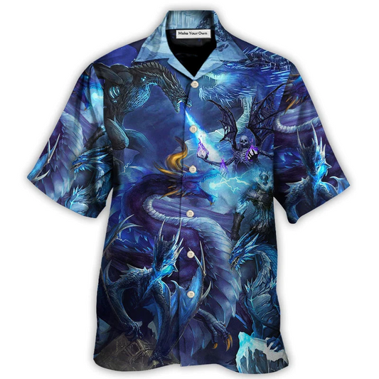 Blue Dragon Skull Fire Lightning Hawaiian Shirt Artwork Detail For Resort Trips And Outdoor Activities