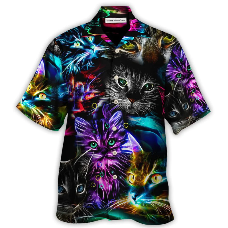 Funny Neon Colorful Cat Light Hawaiian Shirt For Island Vacations And Everyday Style